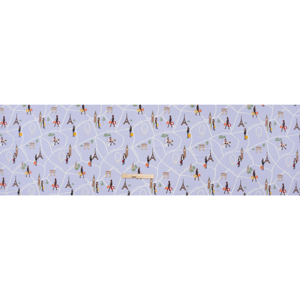 Stretch Polyester ITY Jersey Print - Periwinkle, White and Brown Girls in Paris - Deadstock Stretch Polyester ITY Jersey Print - Periwinkle, White and Brown Girls in Paris - Deadstock