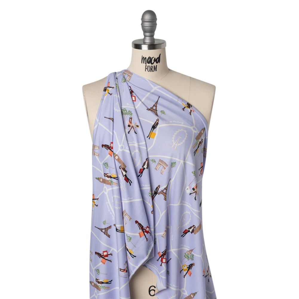 Stretch Polyester ITY Jersey Print - Periwinkle, White and Brown Girls in Paris - Deadstock Stretch Polyester ITY Jersey Print - Periwinkle, White and Brown Girls in Paris - Deadstock