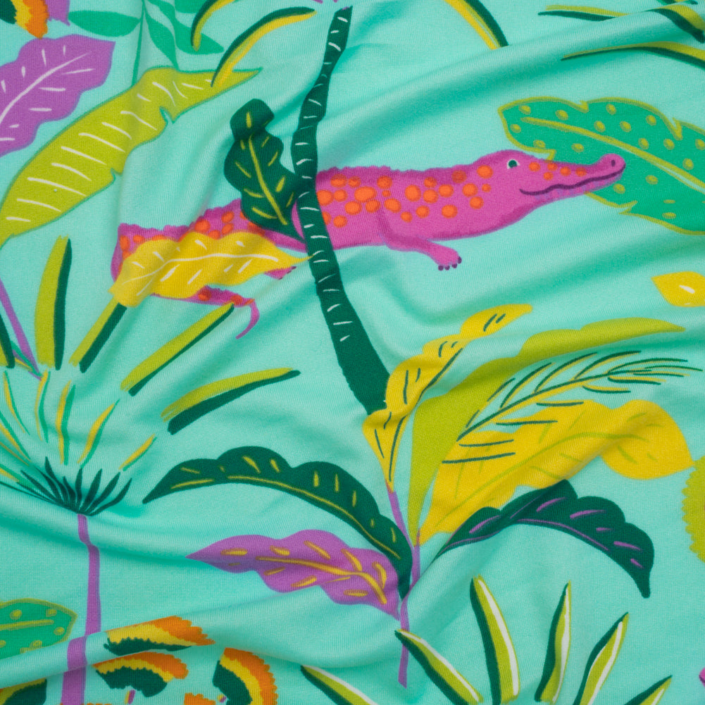 Stretch Polyester ITY Jersey Print - Aqua, Pink and Yellow Crocodiles and Palm Leaves - Deadstock Stretch Polyester ITY Jersey Print - Aqua, Pink and Yellow Crocodiles and Palm Leaves - Deadstock