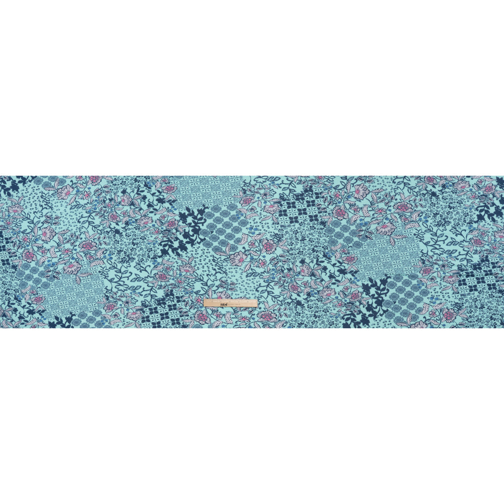 Stretch Rayon Jersey Print - Aqua, Navy Blue and Pink Floral Patches - Deadstock Stretch Rayon Jersey Print - Aqua, Navy Blue and Pink Floral Patches - Deadstock