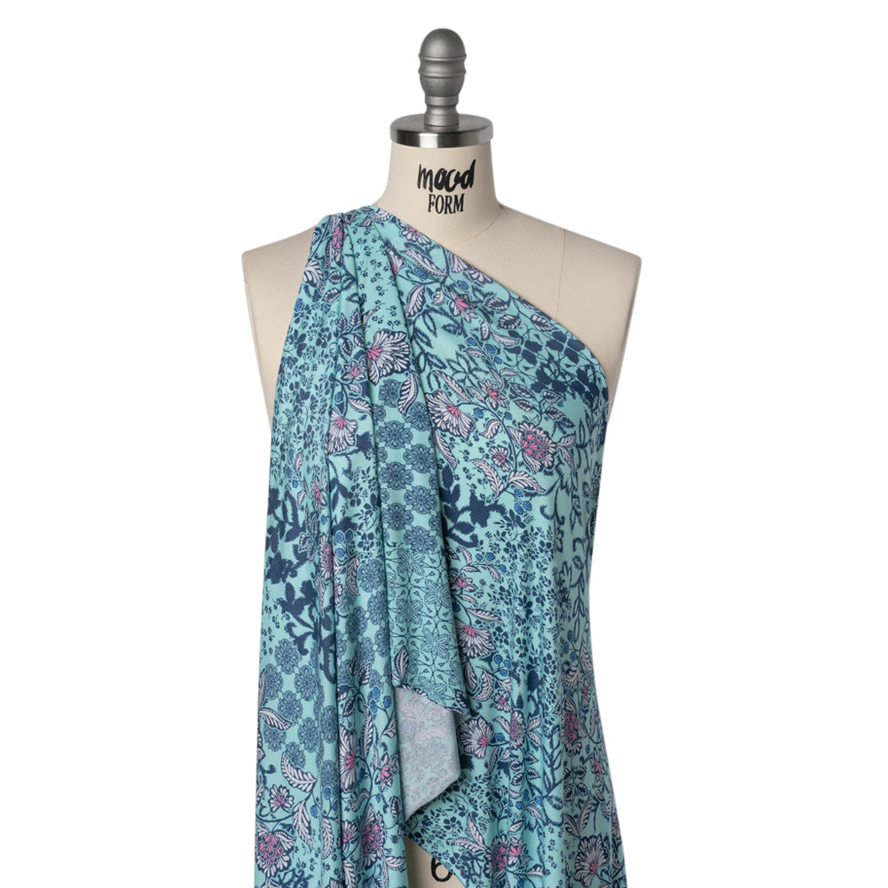 Stretch Rayon Jersey Print - Aqua, Navy Blue and Pink Floral Patches - Deadstock Stretch Rayon Jersey Print - Aqua, Navy Blue and Pink Floral Patches - Deadstock