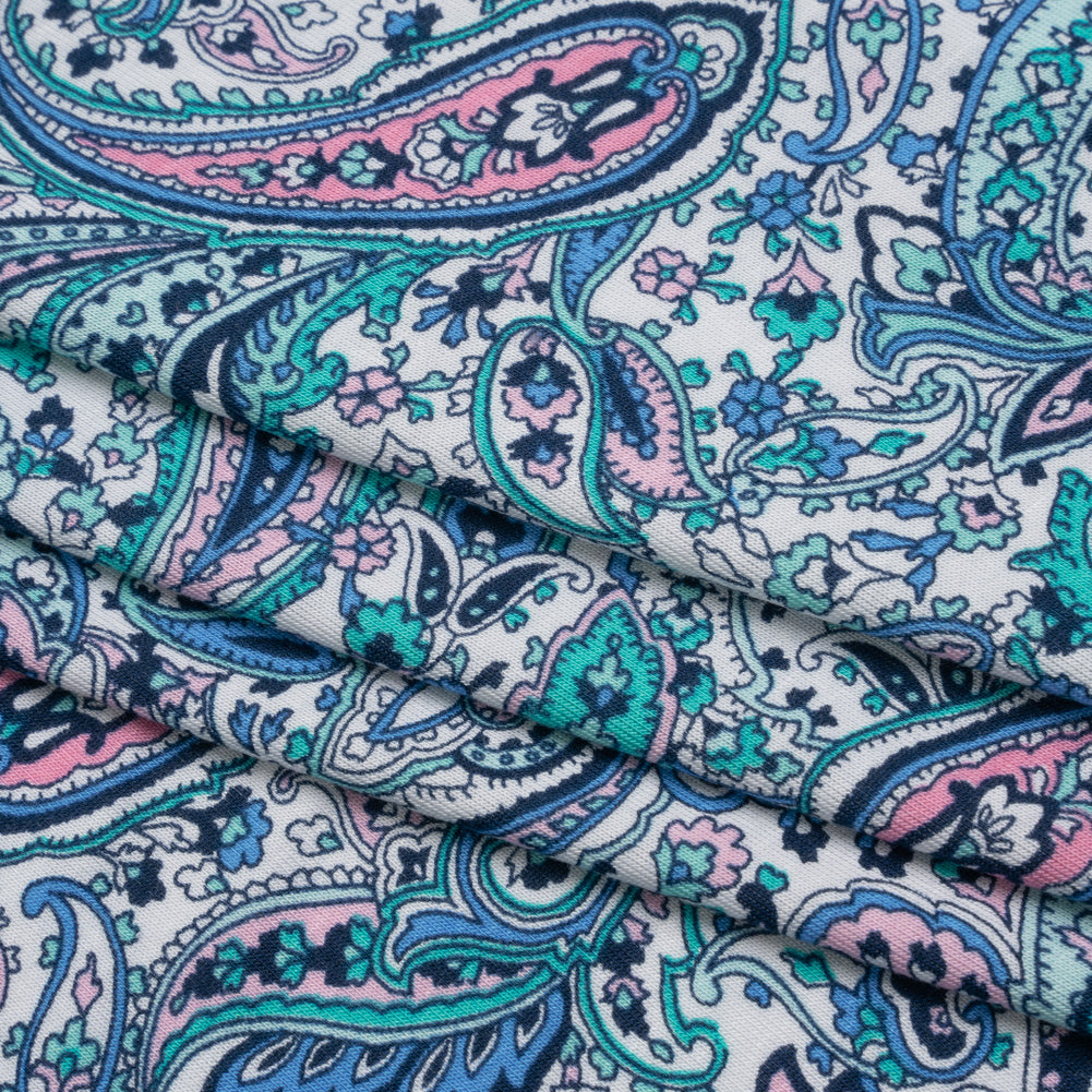 Stretch Rayon Jersey Print - Blue, Mint Green and Pink Paisley - Deadstock Stretch Rayon Jersey Print - Blue, Mint Green and Pink Paisley - Deadstock