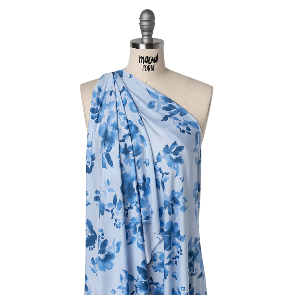 Stretch Rayon Jersey Print - Blue Tonal Watercolor Floral - Deadstock Stretch Rayon Jersey Print - Blue Tonal Watercolor Floral - Deadstock