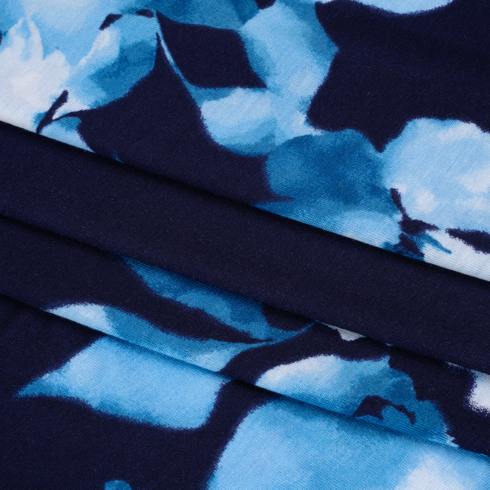 Stretch Rayon Jersey Print - Navy, Blue and White Watercolor Floral - Deadstock Stretch Rayon Jersey Print - Navy, Blue and White Watercolor Floral - Deadstock