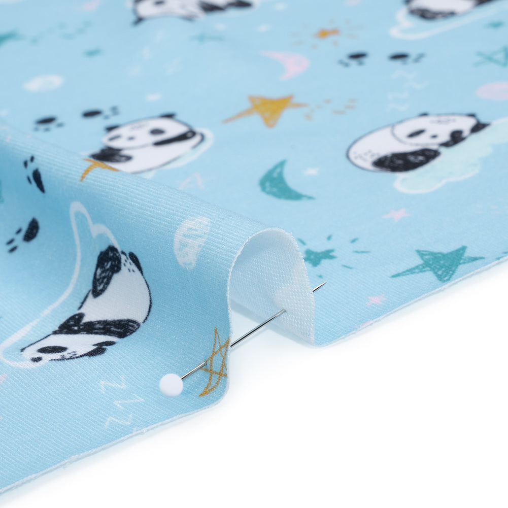 Recycled Polyester Jersey Print - Sky Blue, Black and White Sleepy Pandas - Deadstock Recycled Polyester Jersey Print - Sky Blue, Black and White Sleepy Pandas - Deadstock