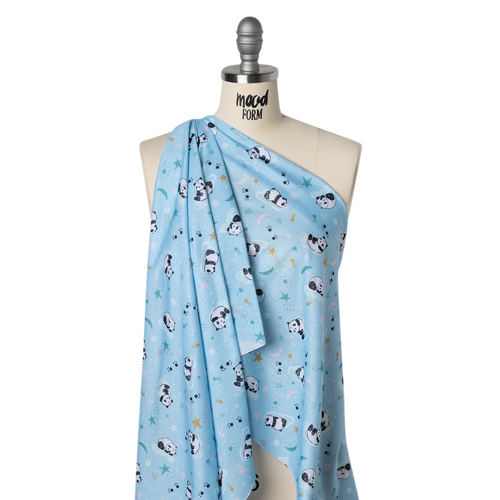 Recycled Polyester Jersey Print - Sky Blue, Black and White Sleepy Pandas - Deadstock Recycled Polyester Jersey Print - Sky Blue, Black and White Sleepy Pandas - Deadstock