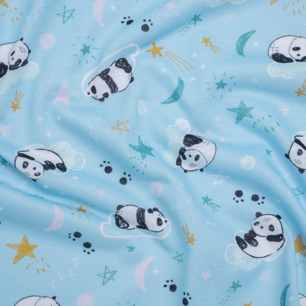 Recycled Polyester Jersey Print - Sky Blue, Black and White Sleepy Pandas - Deadstock Recycled Polyester Jersey Print - Sky Blue, Black and White Sleepy Pandas - Deadstock