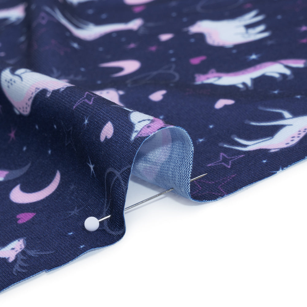 Recycled Polyester Jersey Print - Navy, Purple and White Celestial Animals - Deadstock Recycled Polyester Jersey Print - Navy, Purple and White Celestial Animals - Deadstock