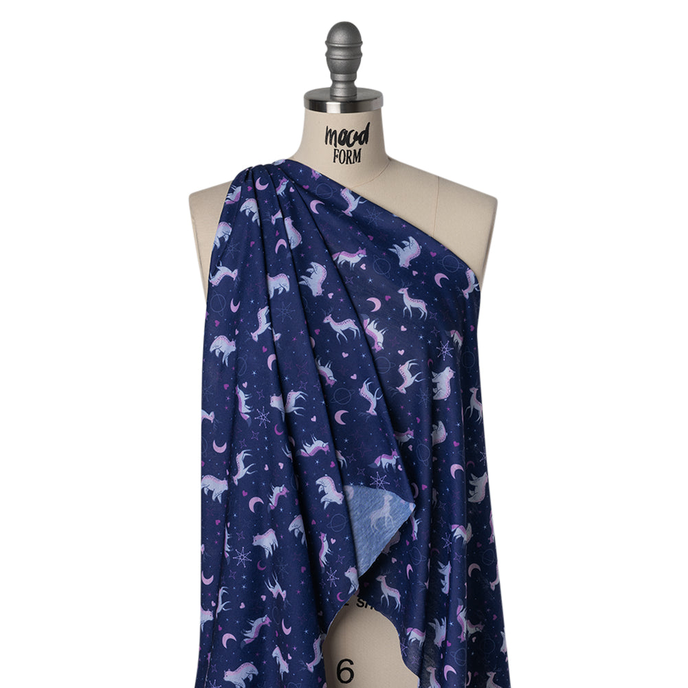 Recycled Polyester Jersey Print - Navy, Purple and White Celestial Animals - Deadstock Recycled Polyester Jersey Print - Navy, Purple and White Celestial Animals - Deadstock