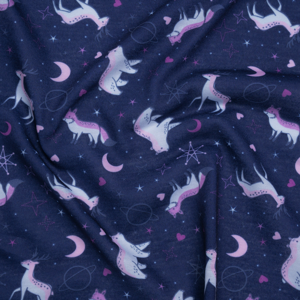Recycled Polyester Jersey Print - Navy, Purple and White Celestial Animals - Deadstock Recycled Polyester Jersey Print - Navy, Purple and White Celestial Animals - Deadstock