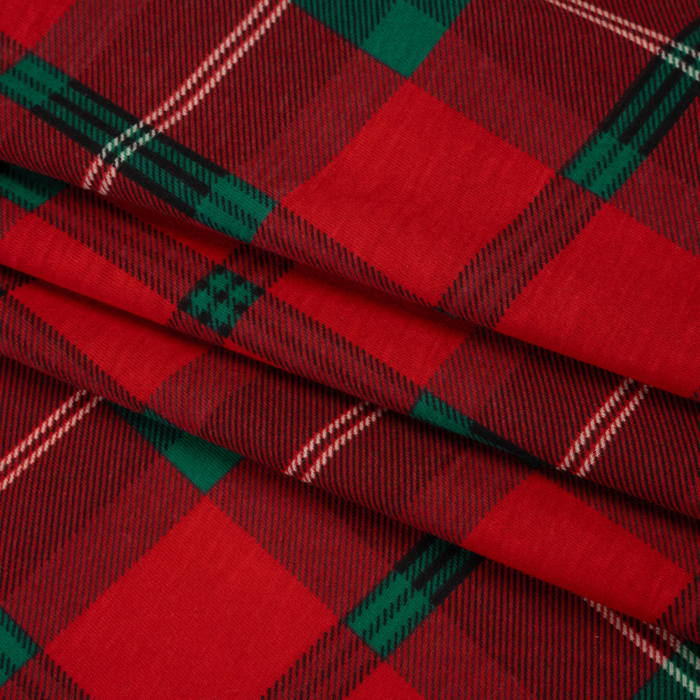 Cotton and Polyester Jersey Print - Red, Green and Black Holiday Tartan Plaid - Deadstock Cotton and Polyester Jersey Print - Red, Green and Black Holiday Tartan Plaid - Deadstock