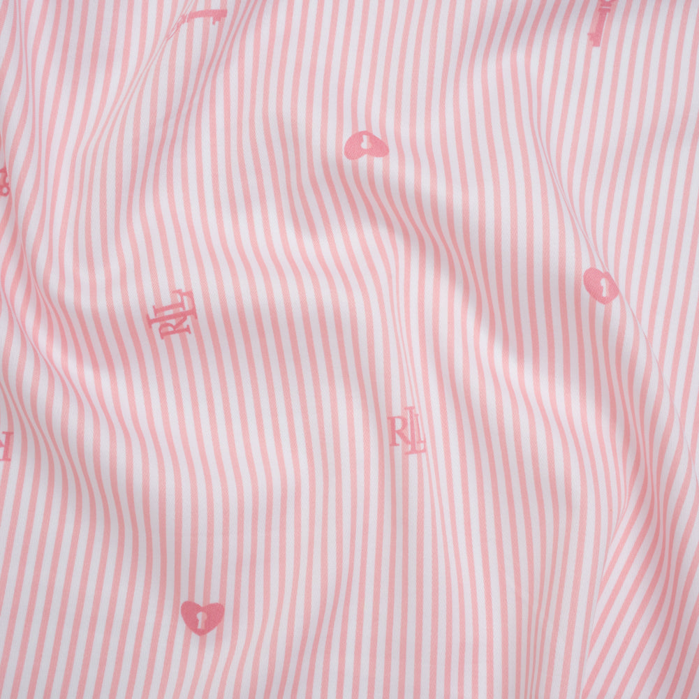 Cotton and Rayon Woven Shirting by Ralph Lauren - Pink and White Candy Stripes with Locket Keys and Monograms - Deadstock Cotton and Rayon Woven Shirting by Ralph Lauren - Pink and White Candy Stripes with Locket Keys and Monograms - Deadstock