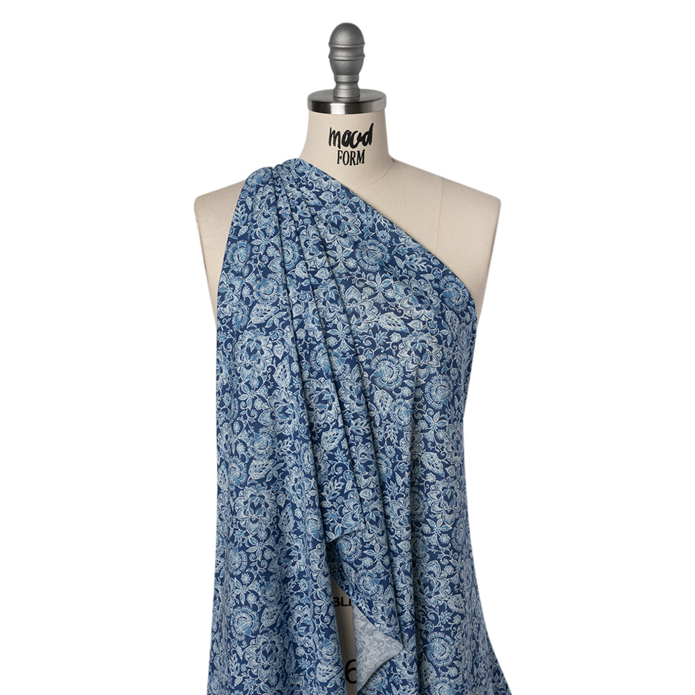 Cotton and Polyester Jersey Print - Dark Blue, Country Blue and White Floral - Deadstock Cotton and Polyester Jersey Print - Dark Blue, Country Blue and White Floral - Deadstock