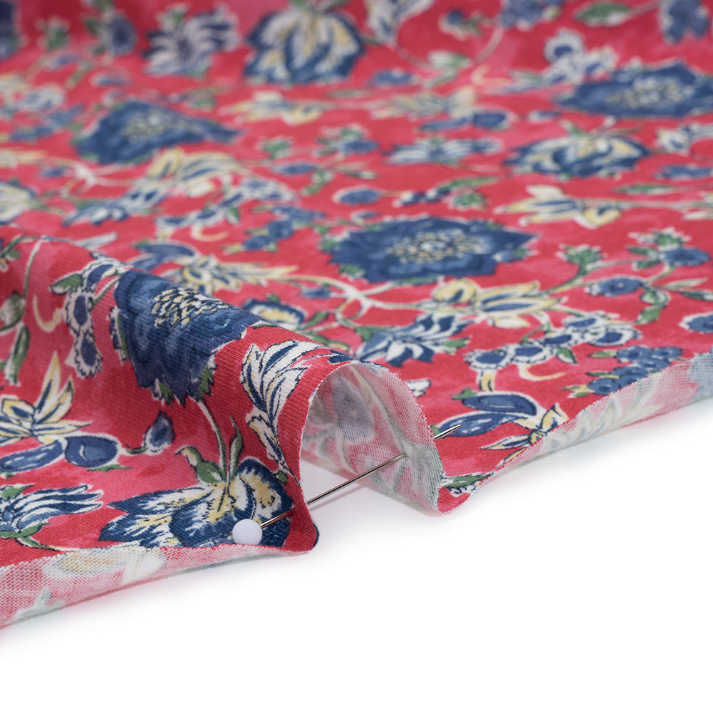 Cotton and Polyester Jersey Print - Pinkish Red, Navy Blue and Beige Floral - Deadstock Cotton and Polyester Jersey Print - Pinkish Red, Navy Blue and Beige Floral - Deadstock