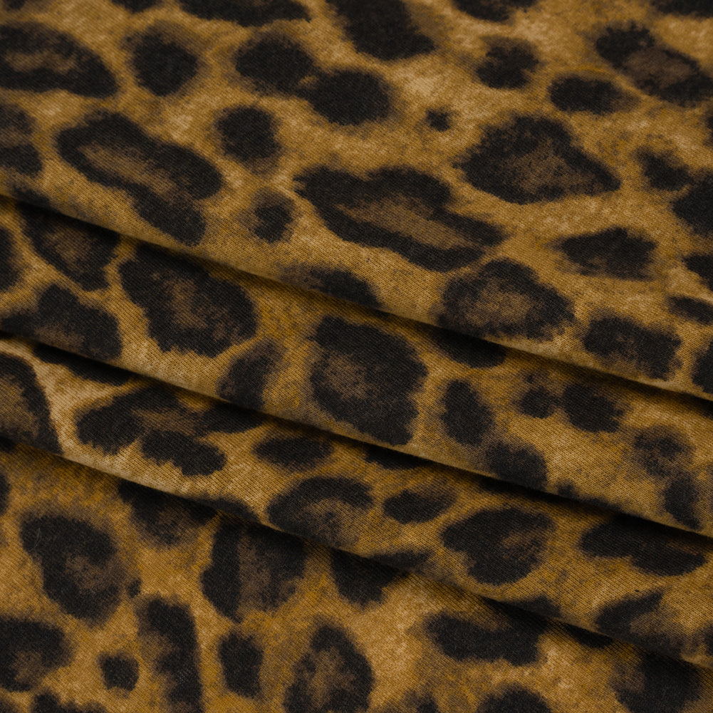 Cotton and Polyester Jersey Print - Dark Tan, Brown and Black Leopard Spots - Deadstock Cotton and Polyester Jersey Print - Dark Tan, Brown and Black Leopard Spots - Deadstock