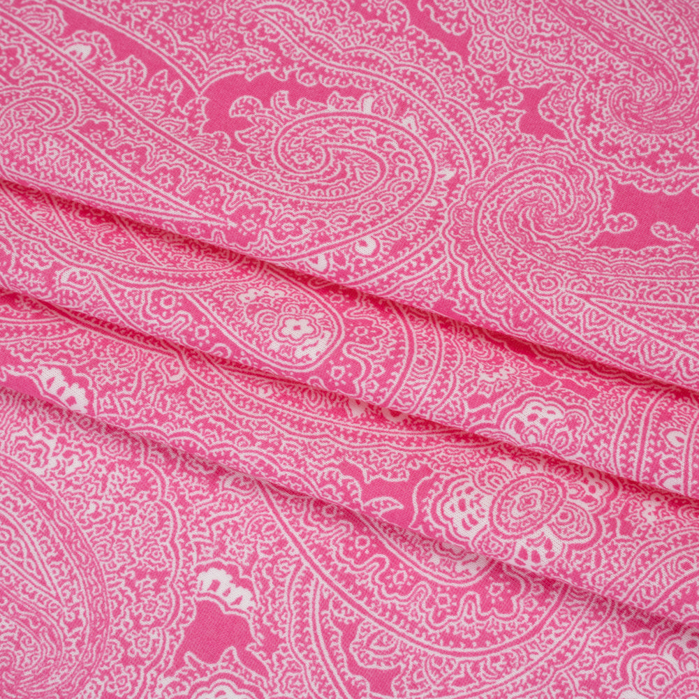 Cotton and Polyester Jersey Print - Hot Pink and White Paisley - Deadstock Cotton and Polyester Jersey Print - Hot Pink and White Paisley - Deadstock