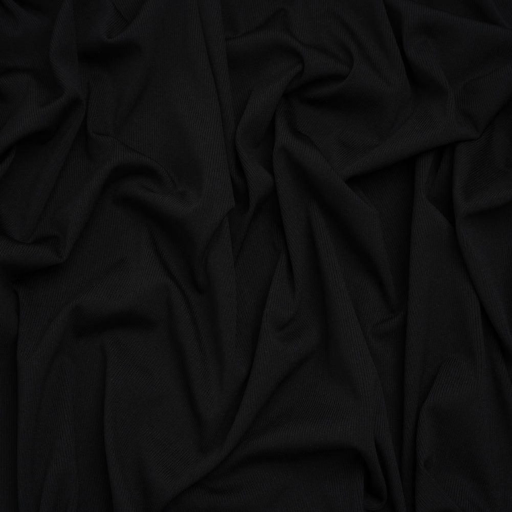Stretch Recycled Polyester 1x1 Rib Knit - Jet Black - Deadstock Stretch Recycled Polyester 1x1 Rib Knit - Jet Black - Deadstock