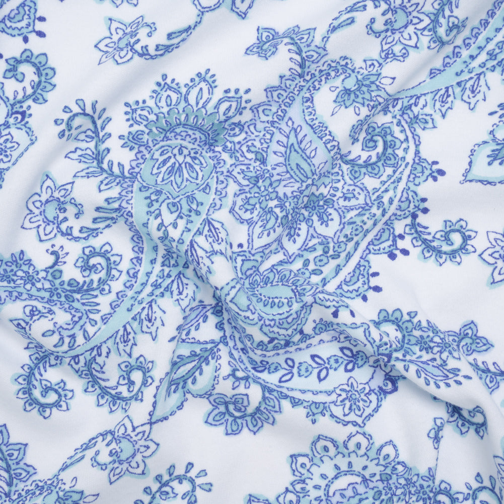 Cotton and Polyester Jersey Print - White, Blue and Mint Green Paisley - Deadstock Cotton and Polyester Jersey Print - White, Blue and Mint Green Paisley - Deadstock