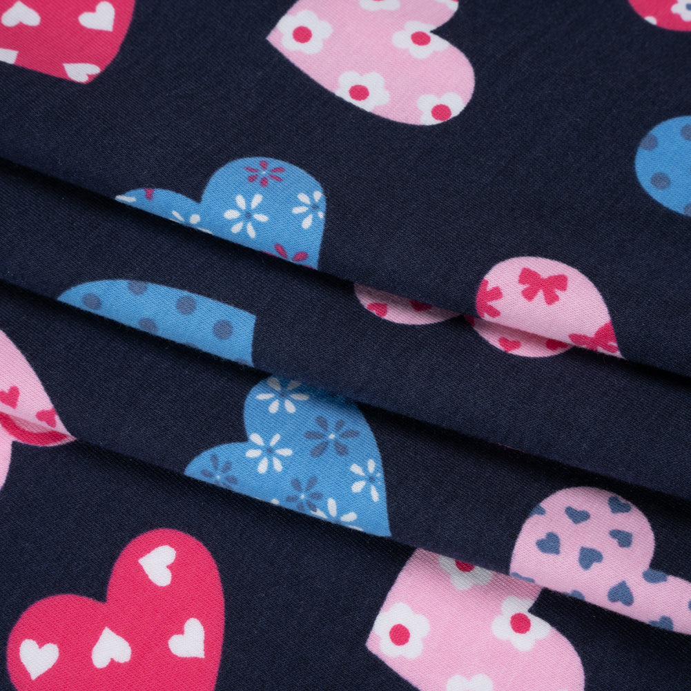 Stretch Cotton and Modal Jersey Print - Navy Blue and Pink Patterned Hearts - Deadstock Stretch Cotton and Modal Jersey Print - Navy Blue and Pink Patterned Hearts - Deadstock