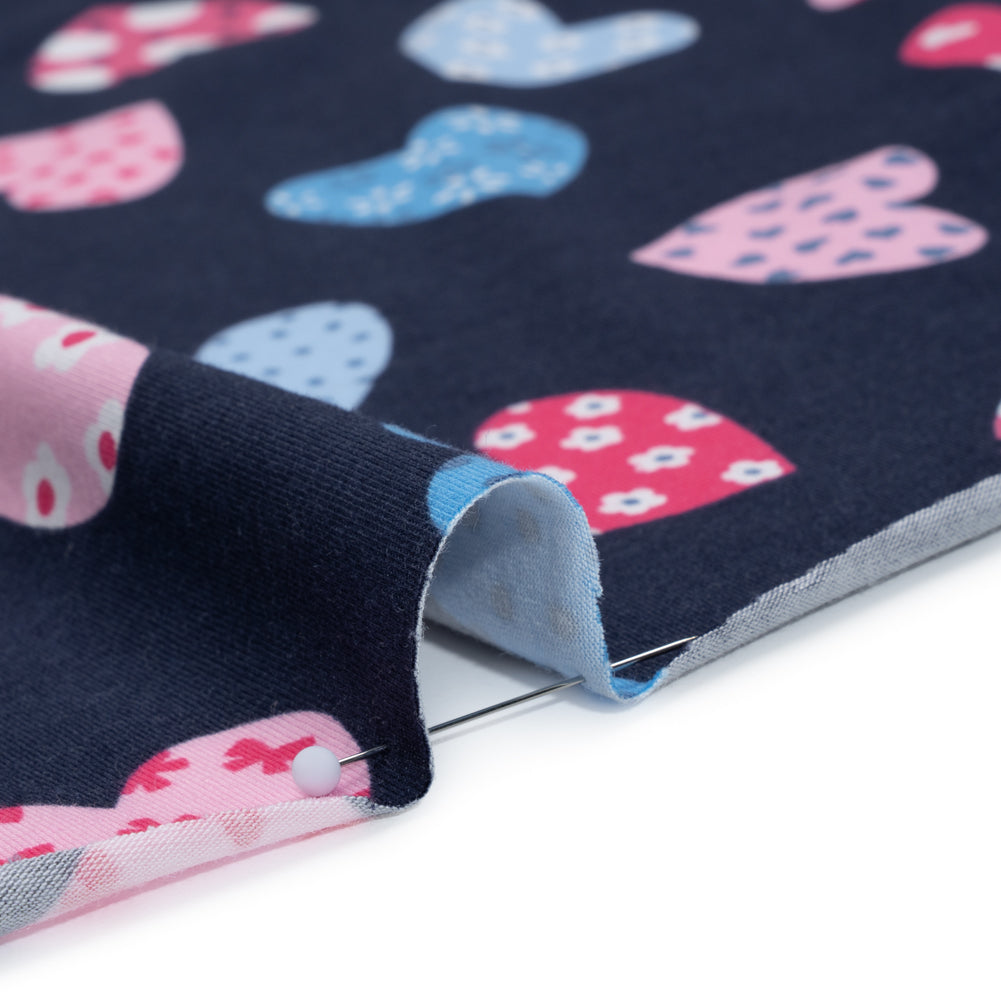 Stretch Cotton and Modal Jersey Print - Navy Blue and Pink Patterned Hearts - Deadstock Stretch Cotton and Modal Jersey Print - Navy Blue and Pink Patterned Hearts - Deadstock