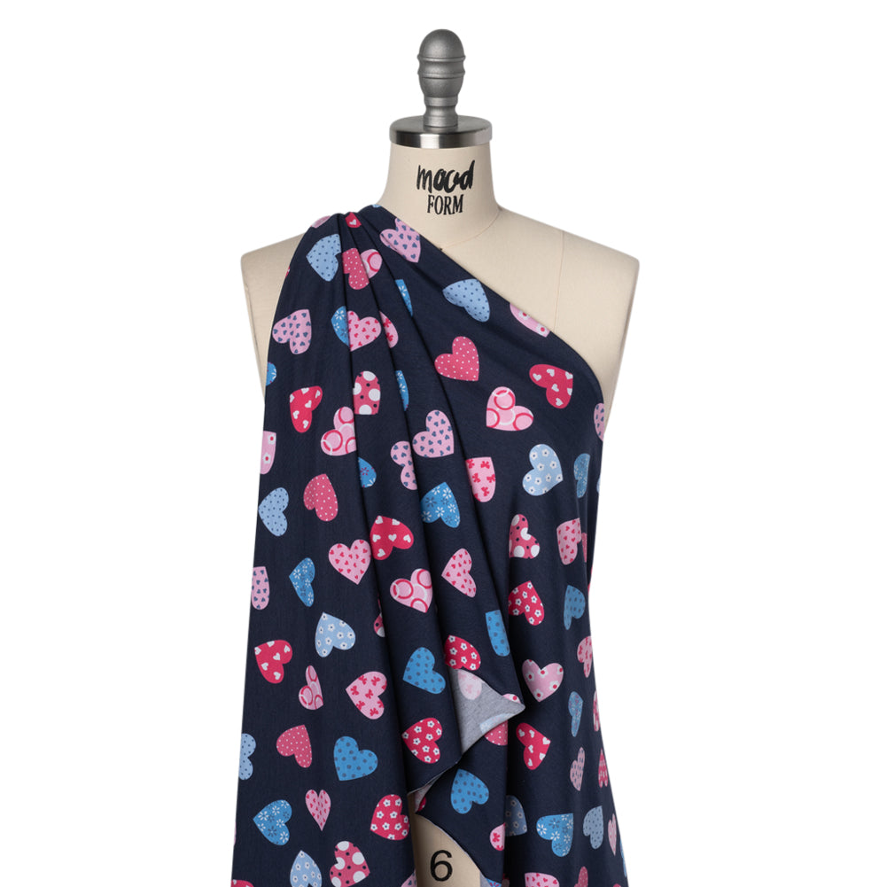 Stretch Cotton and Modal Jersey Print - Navy Blue and Pink Patterned Hearts - Deadstock Stretch Cotton and Modal Jersey Print - Navy Blue and Pink Patterned Hearts - Deadstock