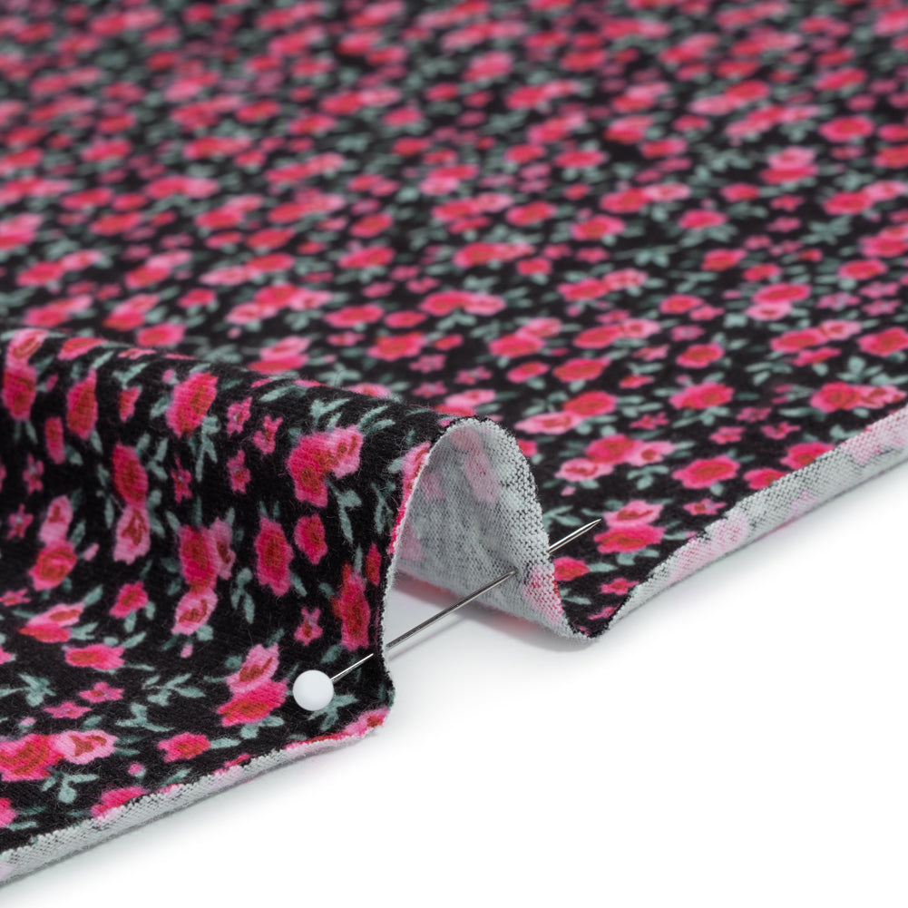 Cotton Jersey Print - Black, Pink and Green Little Roses - Deadstock Cotton Jersey Print - Black, Pink and Green Little Roses - Deadstock