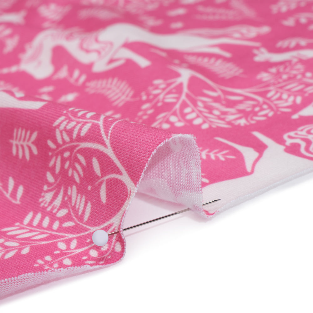 Recycled Polyester Jersey - Pink and White Unicorn Woodland - Deadstock Recycled Polyester Jersey - Pink and White Unicorn Woodland - Deadstock