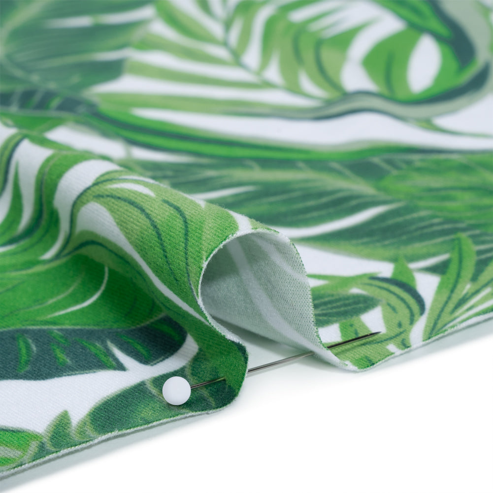 Stretch Polyester ITY Jersey by Vera Wang - Kelly Green and White Palm Leaves - Designer Deadstock Stretch Polyester ITY Jersey by Vera Wang - Kelly Green and White Palm Leaves - Designer Deadstock