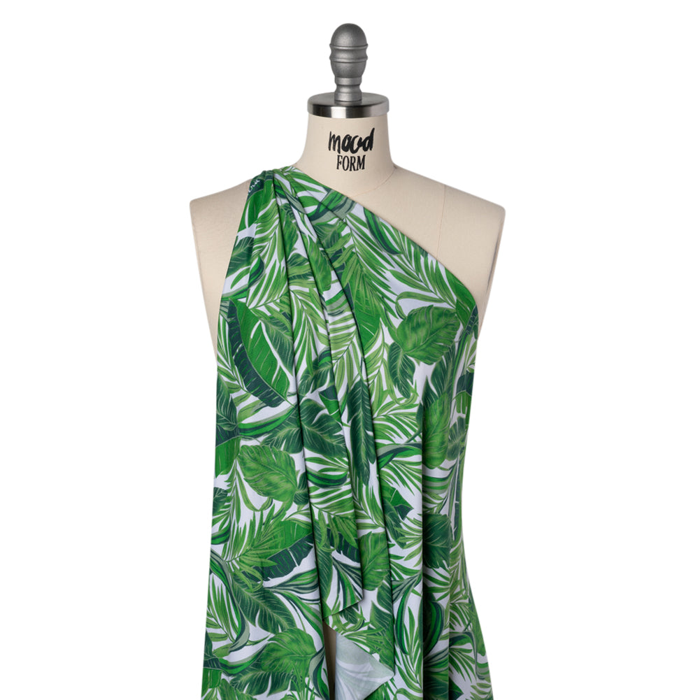 Stretch Polyester ITY Jersey by Vera Wang - Kelly Green and White Palm Leaves - Designer Deadstock Stretch Polyester ITY Jersey by Vera Wang - Kelly Green and White Palm Leaves - Designer Deadstock