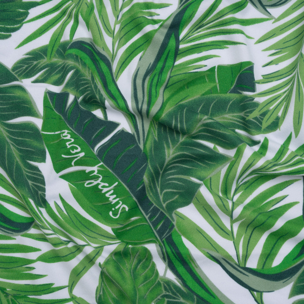 Stretch Polyester ITY Jersey by Vera Wang - Kelly Green and White Palm Leaves - Designer Deadstock Stretch Polyester ITY Jersey by Vera Wang - Kelly Green and White Palm Leaves - Designer Deadstock