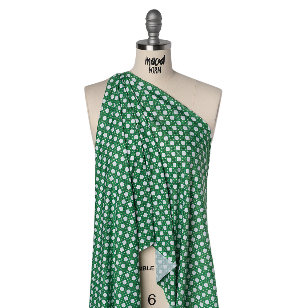 Stretch Polyester ITY Jersey - Kelly Green and White Wicker Basket Lattice - Deadstock Stretch Polyester ITY Jersey - Kelly Green and White Wicker Basket Lattice - Deadstock