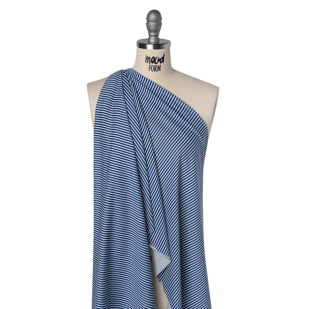 Cotton and Viscose Jersey - Cobalt Blue and White Candy Stripes - Deadstock Cotton and Viscose Jersey - Cobalt Blue and White Candy Stripes - Deadstock
