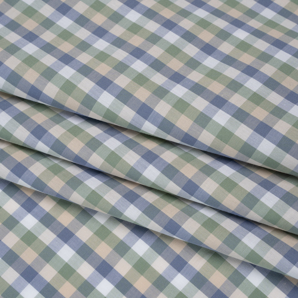 Cotton Shirting - Balsam Green, Muted Blue and Beige Plaid - Deadstock Cotton Shirting - Balsam Green, Muted Blue and Beige Plaid - Deadstock