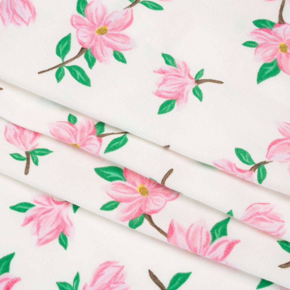 Stretch Polyester ITY Jersey - Ivory and Pink Florals - Deadstock Stretch Polyester ITY Jersey - Ivory and Pink Florals - Deadstock