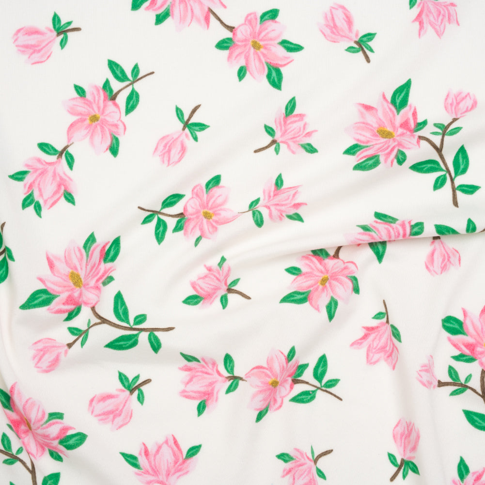 Stretch Polyester ITY Jersey - Ivory and Pink Florals - Deadstock Stretch Polyester ITY Jersey - Ivory and Pink Florals - Deadstock