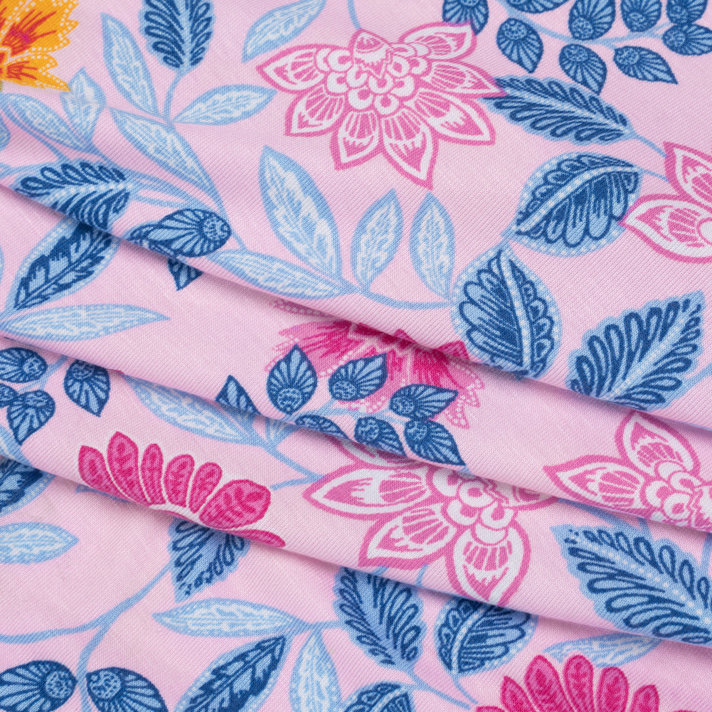 Stretch Rayon Jersey - Pink, Blue and Golden Yellow Paisley Floral - Deadstock Stretch Rayon Jersey - Pink, Blue and Golden Yellow Paisley Floral - Deadstock