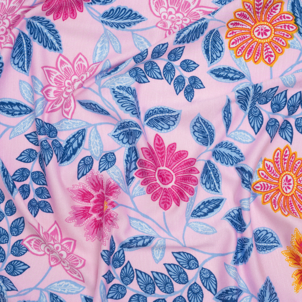 Stretch Rayon Jersey - Pink, Blue and Golden Yellow Paisley Floral - Deadstock Stretch Rayon Jersey - Pink, Blue and Golden Yellow Paisley Floral - Deadstock