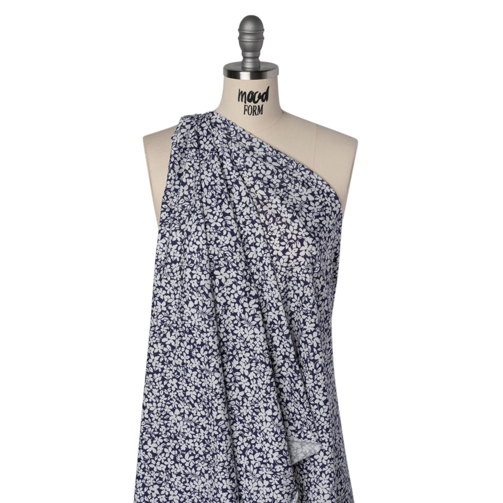 Cotton and Viscose Jersey - Navy Blue and White All Over Floral - Deadstock Cotton and Viscose Jersey - Navy Blue and White All Over Floral - Deadstock