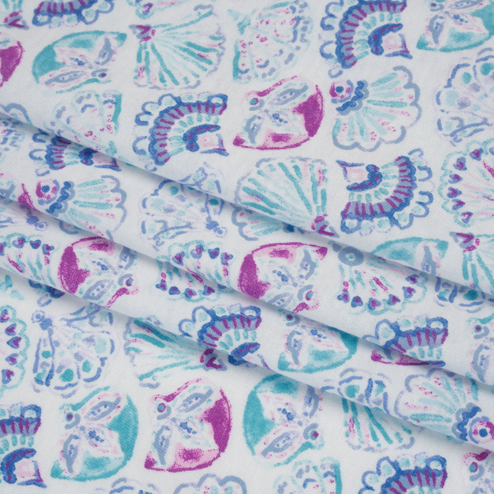 Cotton and Polyester Jersey - Mint Green, Blue and Magenta Seashells - Deadstock Cotton and Polyester Jersey - Mint Green, Blue and Magenta Seashells - Deadstock