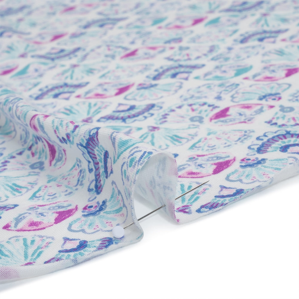 Cotton and Polyester Jersey - Mint Green, Blue and Magenta Seashells - Deadstock Cotton and Polyester Jersey - Mint Green, Blue and Magenta Seashells - Deadstock