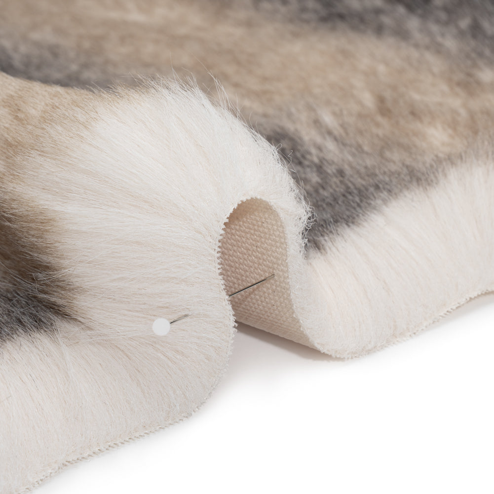 Plush Three-Tone Long Pile Recycled Polyester Faux Fur - Ivory, Tan and Charcoal Soft Stripes Plush Three-Tone Long Pile Recycled Polyester Faux Fur - Ivory, Tan and Charcoal Soft Stripes