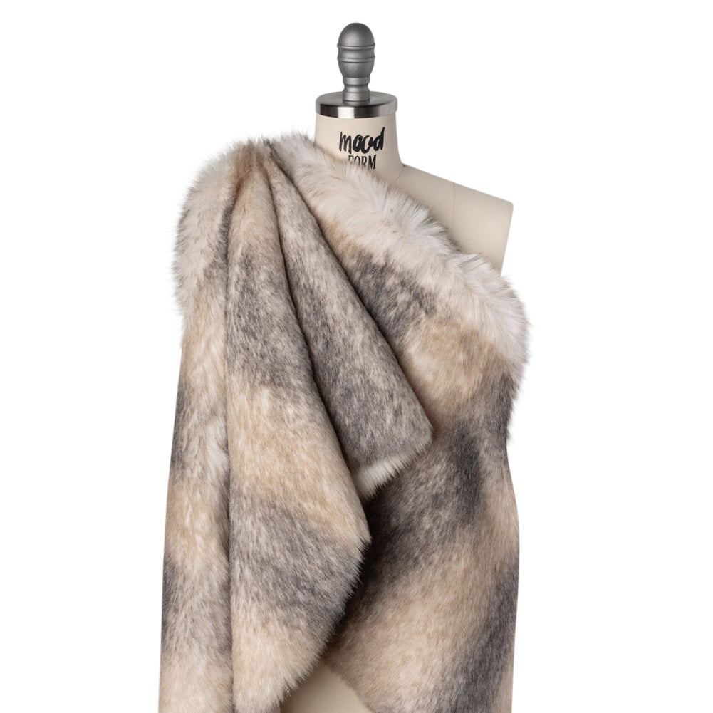 Plush Three-Tone Long Pile Recycled Polyester Faux Fur - Ivory, Tan and Charcoal Soft Stripes Plush Three-Tone Long Pile Recycled Polyester Faux Fur - Ivory, Tan and Charcoal Soft Stripes