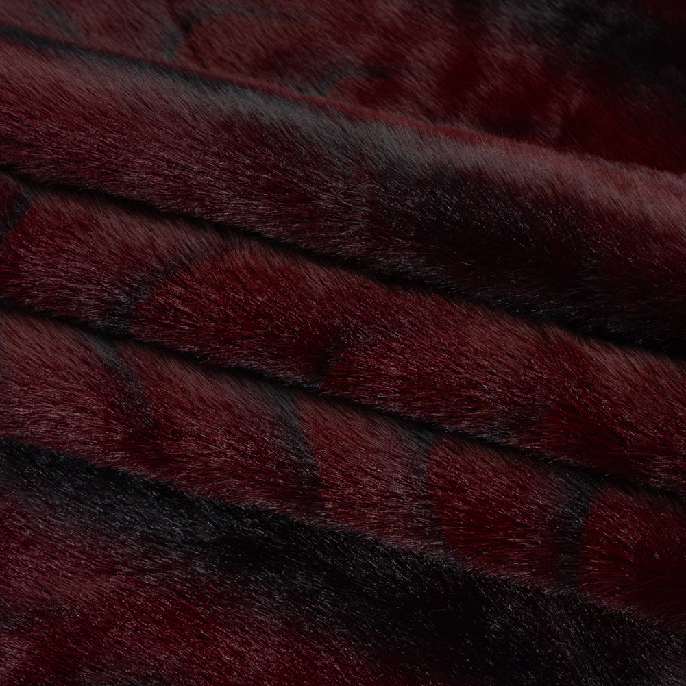 Plush Short Pile Recycled Polyester Faux Fur - Burgundy and Black Woodgrain Print Plush Short Pile Recycled Polyester Faux Fur - Burgundy and Black Woodgrain Print