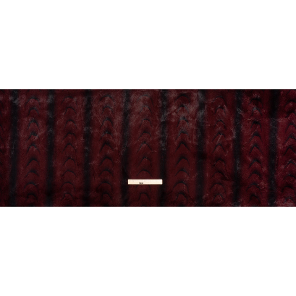 Plush Short Pile Recycled Polyester Faux Fur - Burgundy and Black Woodgrain Print Plush Short Pile Recycled Polyester Faux Fur - Burgundy and Black Woodgrain Print