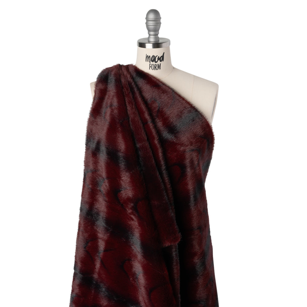 Plush Short Pile Recycled Polyester Faux Fur - Burgundy and Black Woodgrain Print Plush Short Pile Recycled Polyester Faux Fur - Burgundy and Black Woodgrain Print