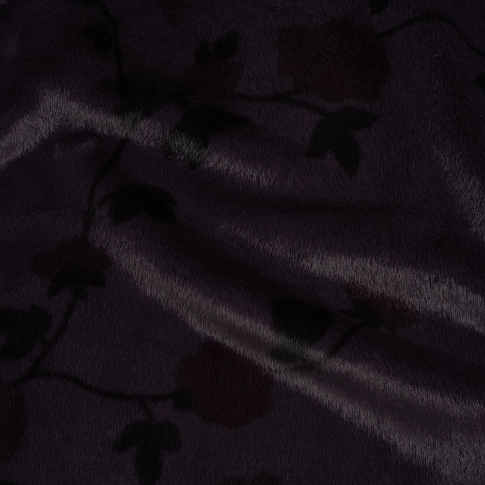 Plush Short Pile Recycled Polyester Faux Fur - Dark Purple, Charcoal and Burgundy Floral Print Plush Short Pile Recycled Polyester Faux Fur - Dark Purple, Charcoal and Burgundy Floral Print