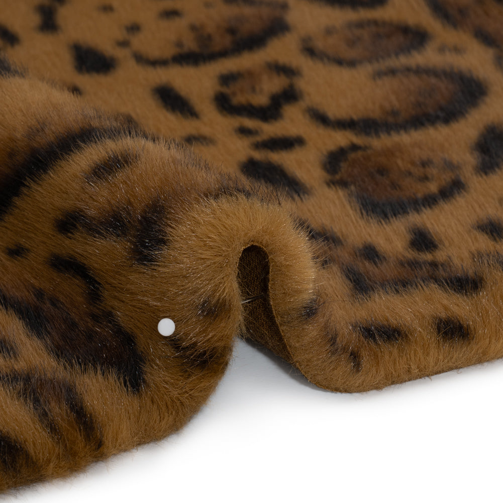 Plush Short Pile Recycled Polyester Faux Fur - Tan, Brown and Black Animal Spots Print Detail Plush Short Pile Recycled Polyester Faux Fur - Tan, Brown and Black Animal Spots Print Detail