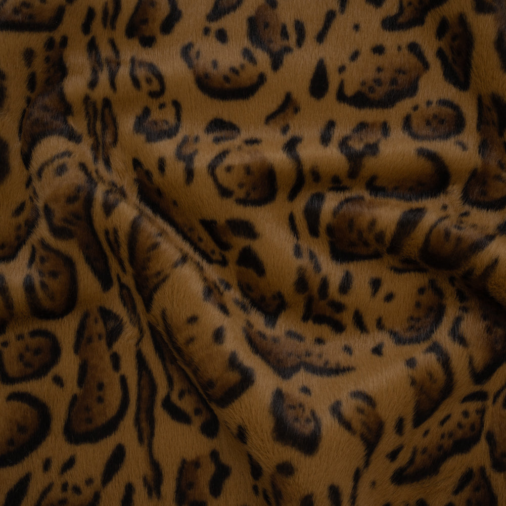 Plush Short Pile Recycled Polyester Faux Fur - Tan, Brown and Black Animal Spots Print Plush Short Pile Recycled Polyester Faux Fur - Tan, Brown and Black Animal Spots Print