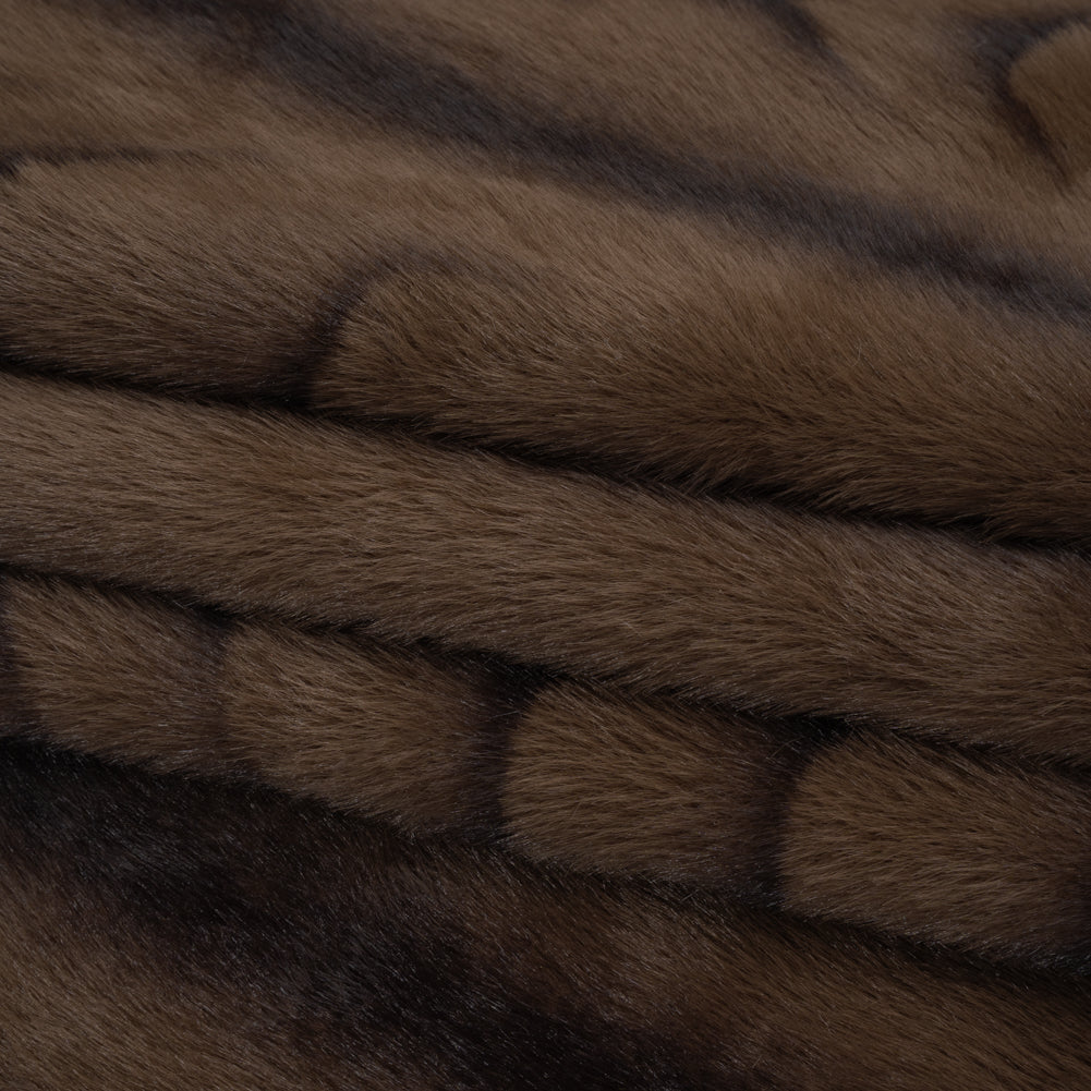 Plush Short Pile Recycled Polyester Faux Fur - Light Brown and Black Woodgrain Print - Folded Plush Short Pile Recycled Polyester Faux Fur - Light Brown and Black Woodgrain Print - Folded