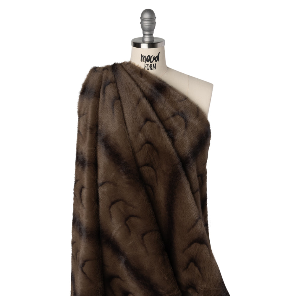 Plush Short Pile Recycled Polyester Faux Fur - Light Brown and Black Woodgrain Print - Drape Plush Short Pile Recycled Polyester Faux Fur - Light Brown and Black Woodgrain Print - Drape